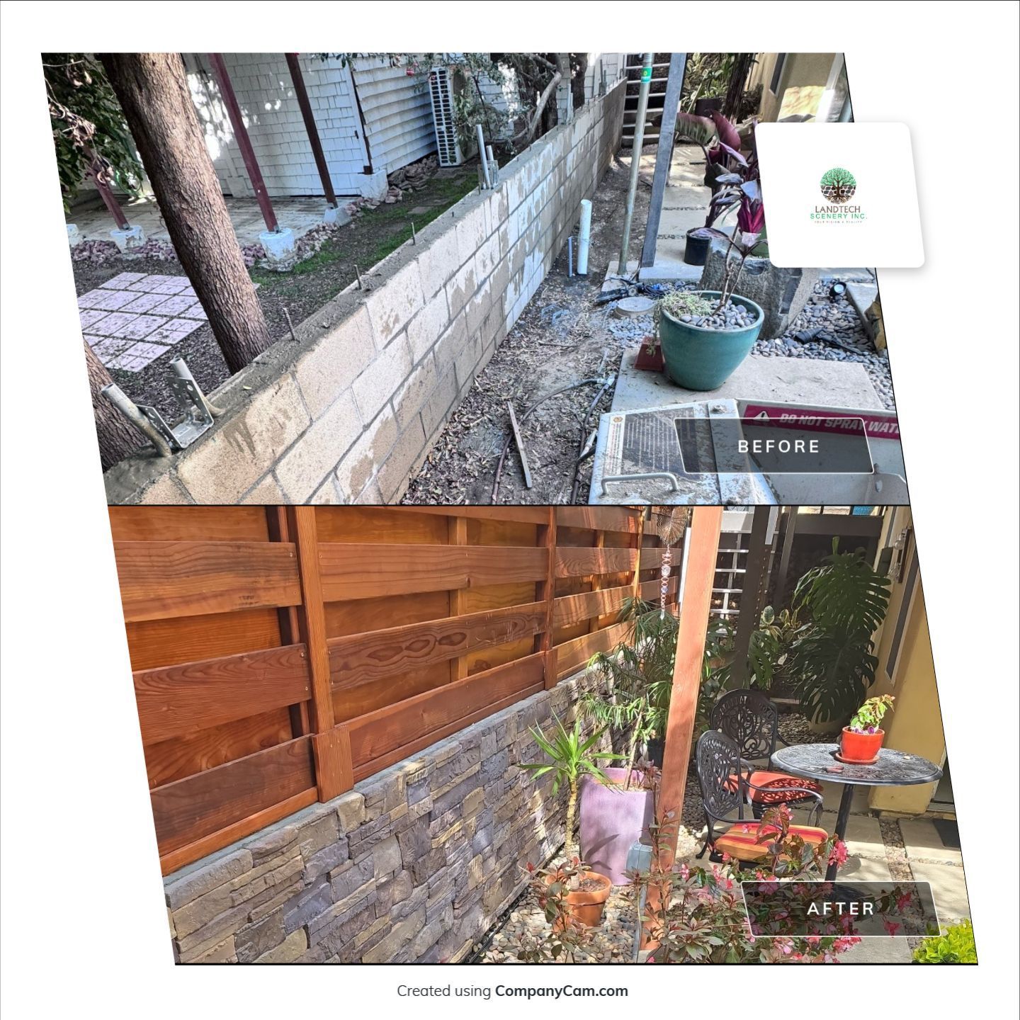 Before and after of a yard wall. Top: cinder block wall. Bottom: wooden slat fence over stone facade.