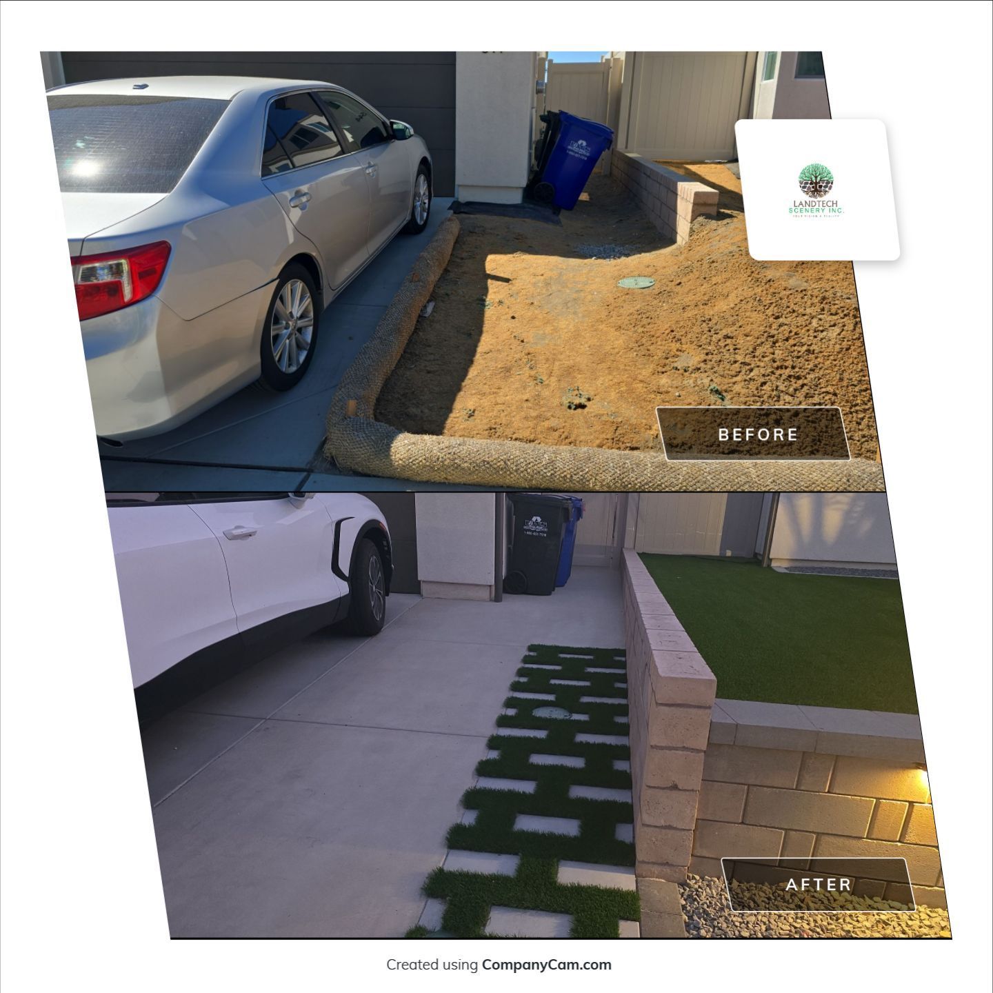 Before and after photos of a driveway landscaping project. Green turf replaces dirt, new stone wall added, and pavers installed.