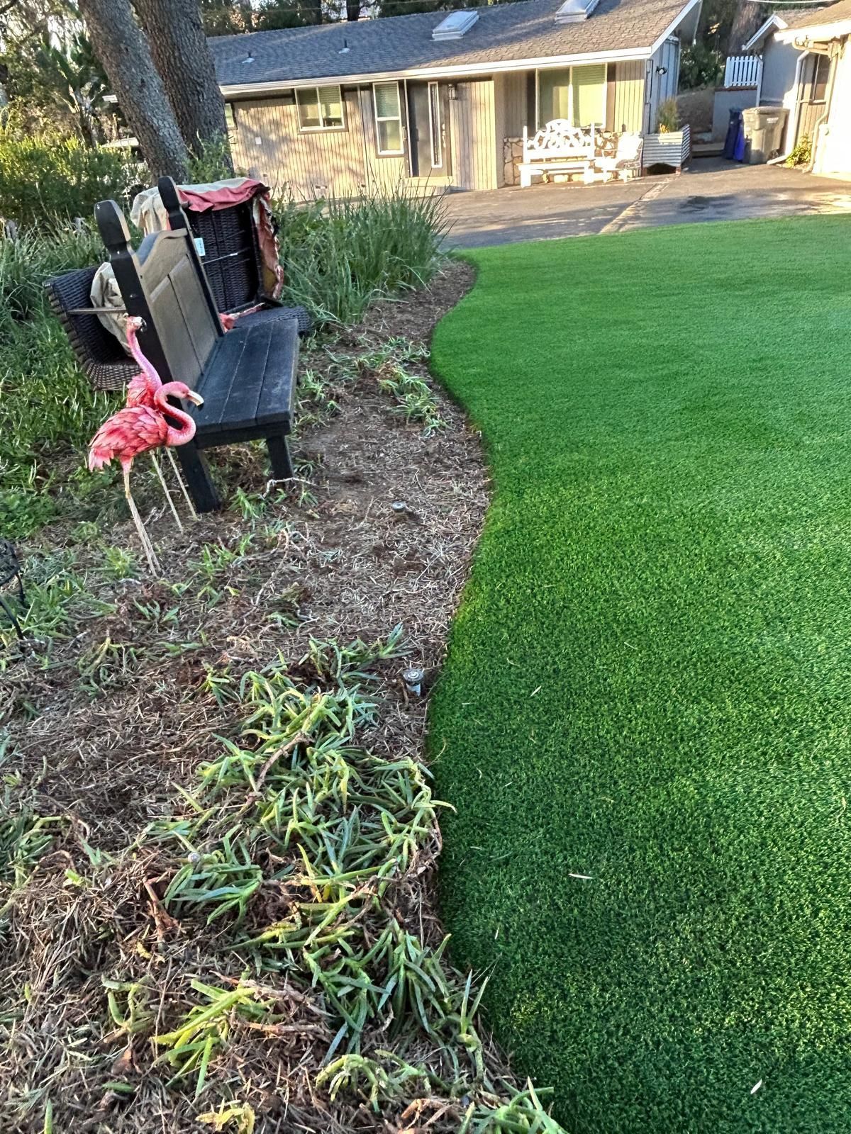 Bench and pink flamingo next to a patch of grass. A building is visible in the background.