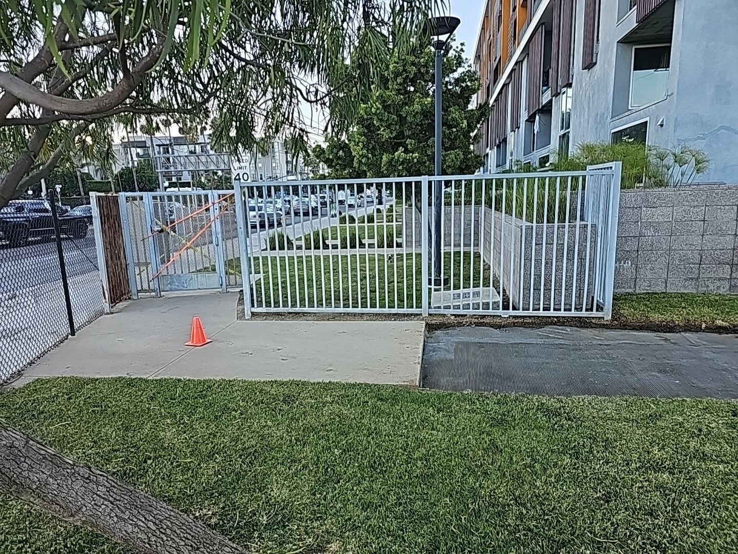 Metal fence with wavy bars surrounding a small garden area; an orange cone on the pathway.