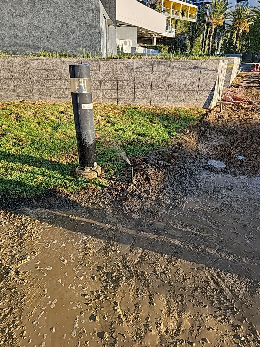 Leaking water from a damaged sprinkler head next to a black lamp post on muddy ground.