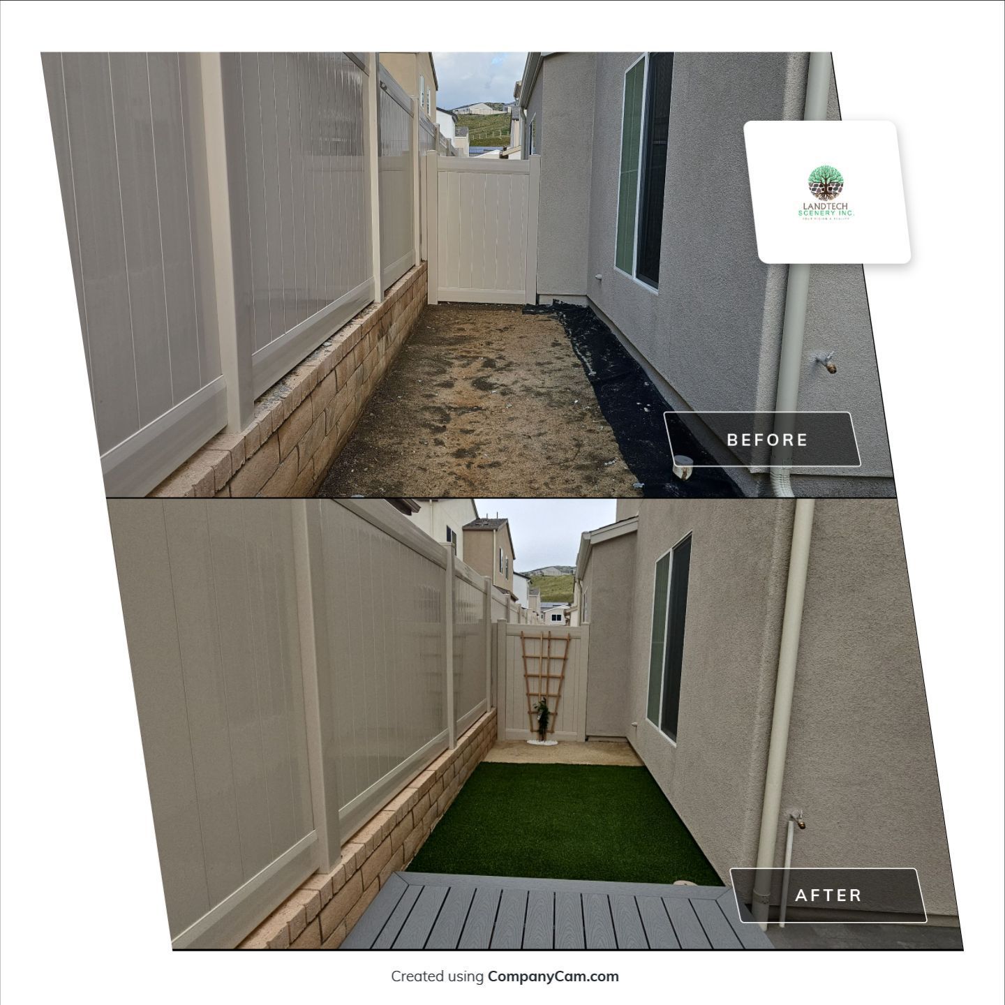 Before and after of a narrow backyard. The 