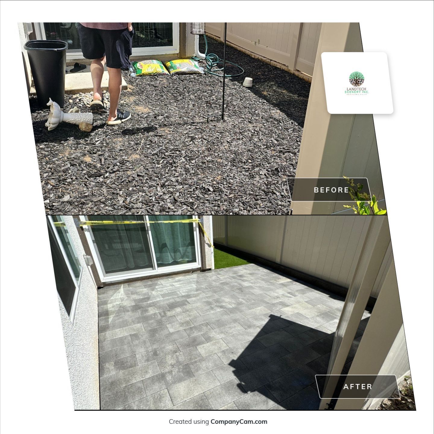 Before and after of a patio makeover: The top shows mulch; the bottom, grey pavers.
