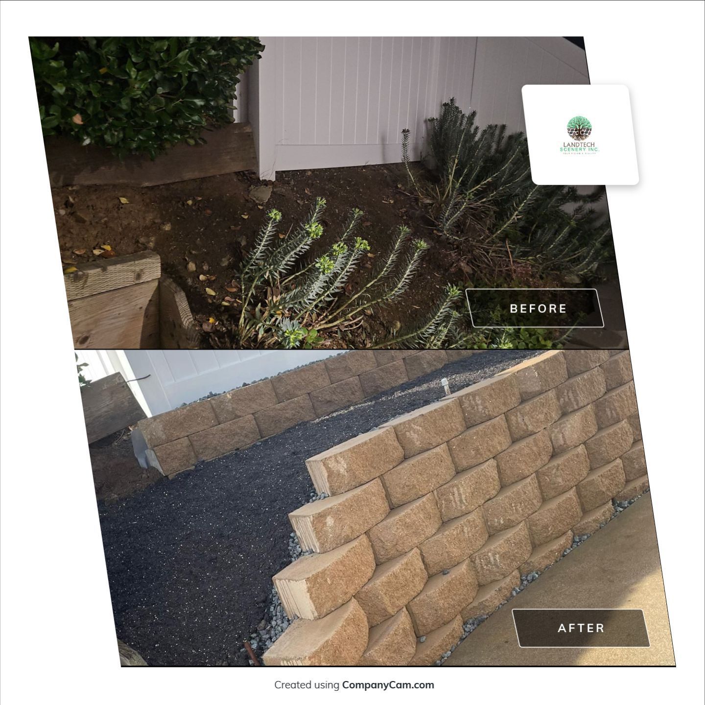 Before and after of a retaining wall construction. The upper half is the 