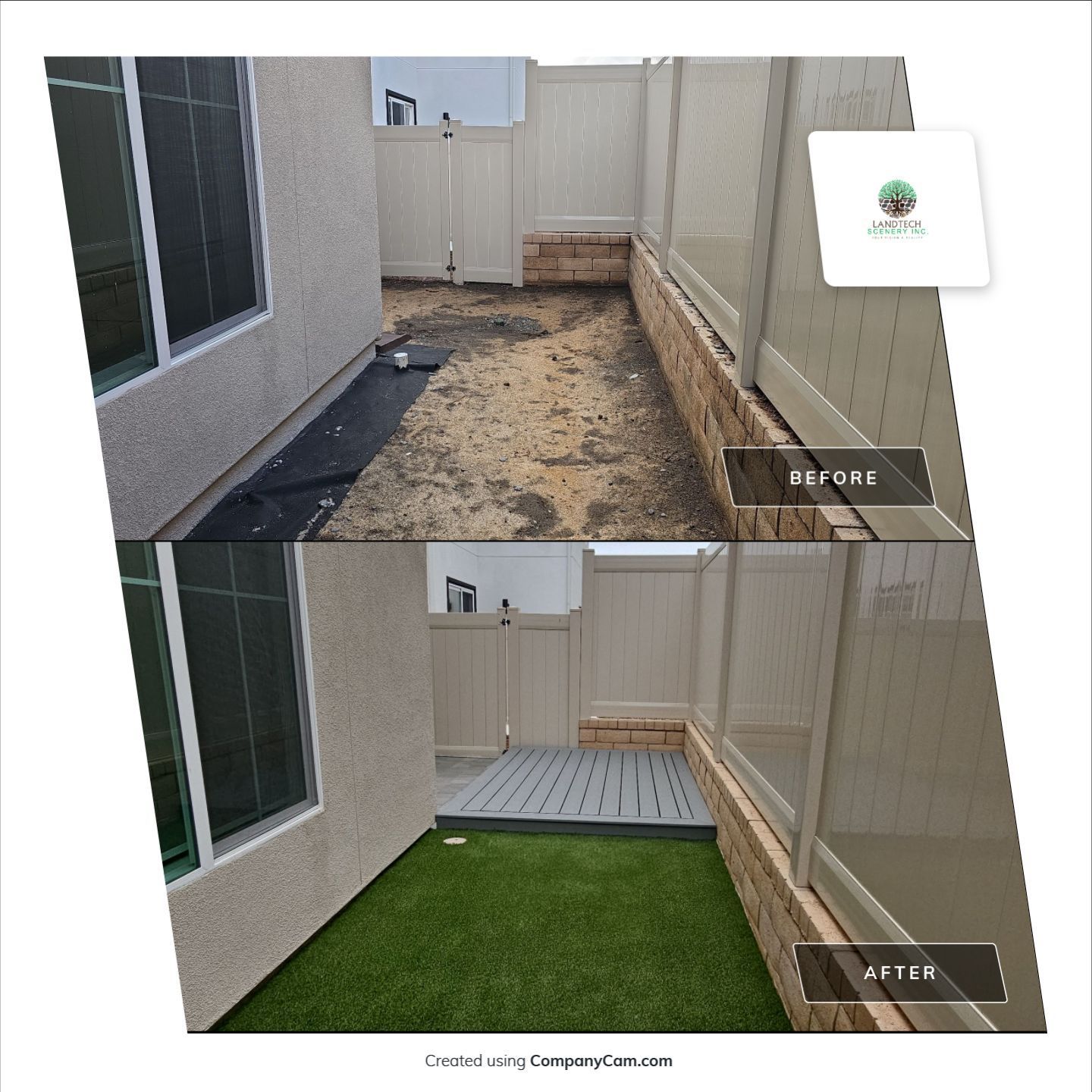 Before and after of a narrow backyard. Top: dirt and debris. Bottom: Decking and artificial turf.