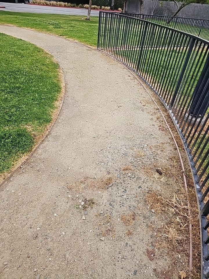 Curved gravel path next to a black metal fence and green grass.