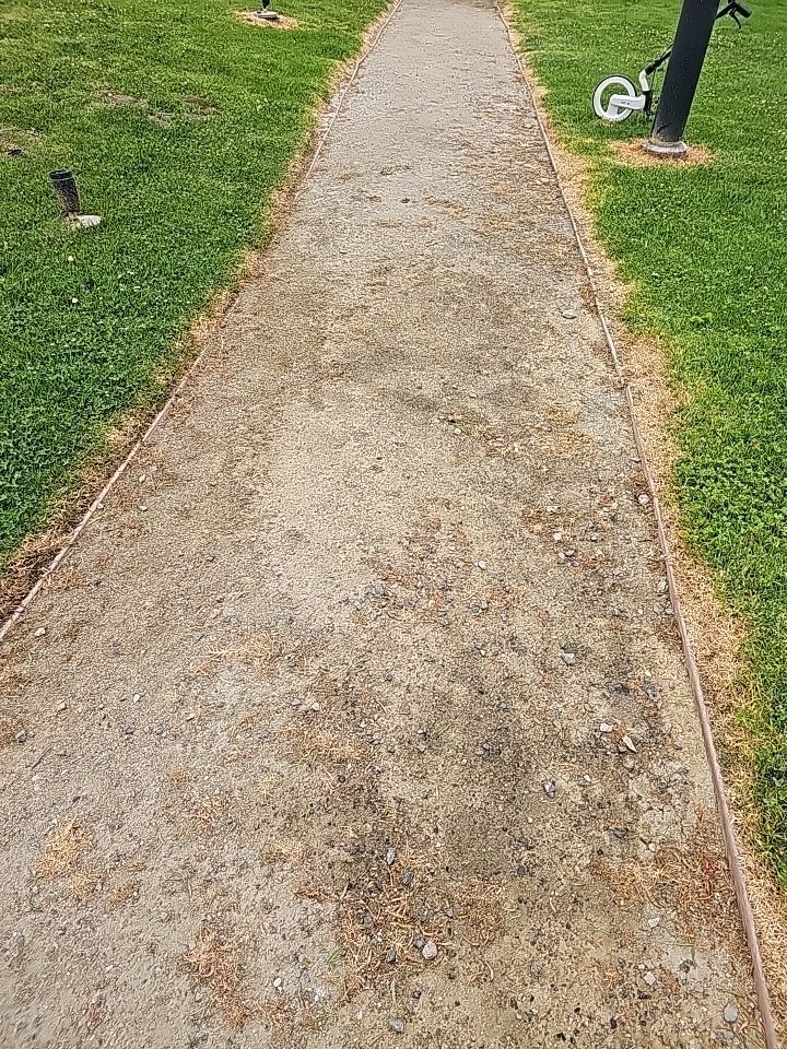Gravel pathway bordered by grass.
