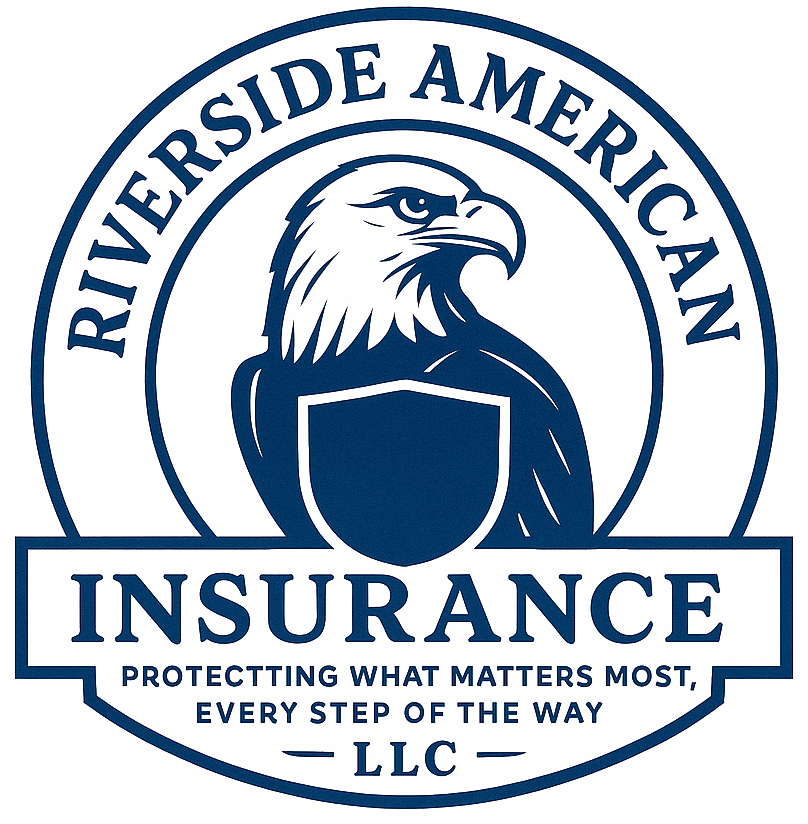 Blue logo for "Riverside American Insurance" with an eagle and shield.