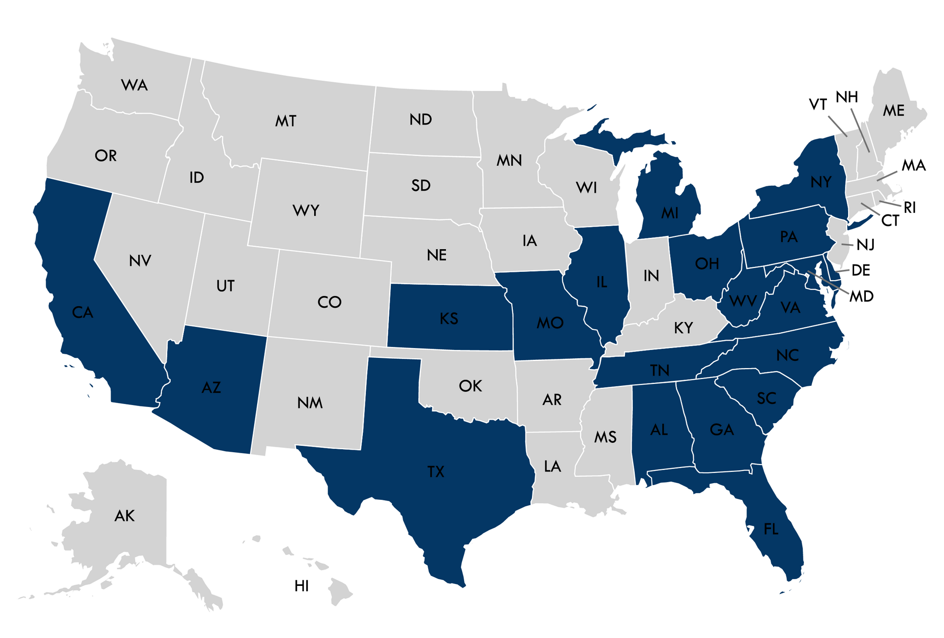 Map of the United States with dark blue states highlighting a specific data set.