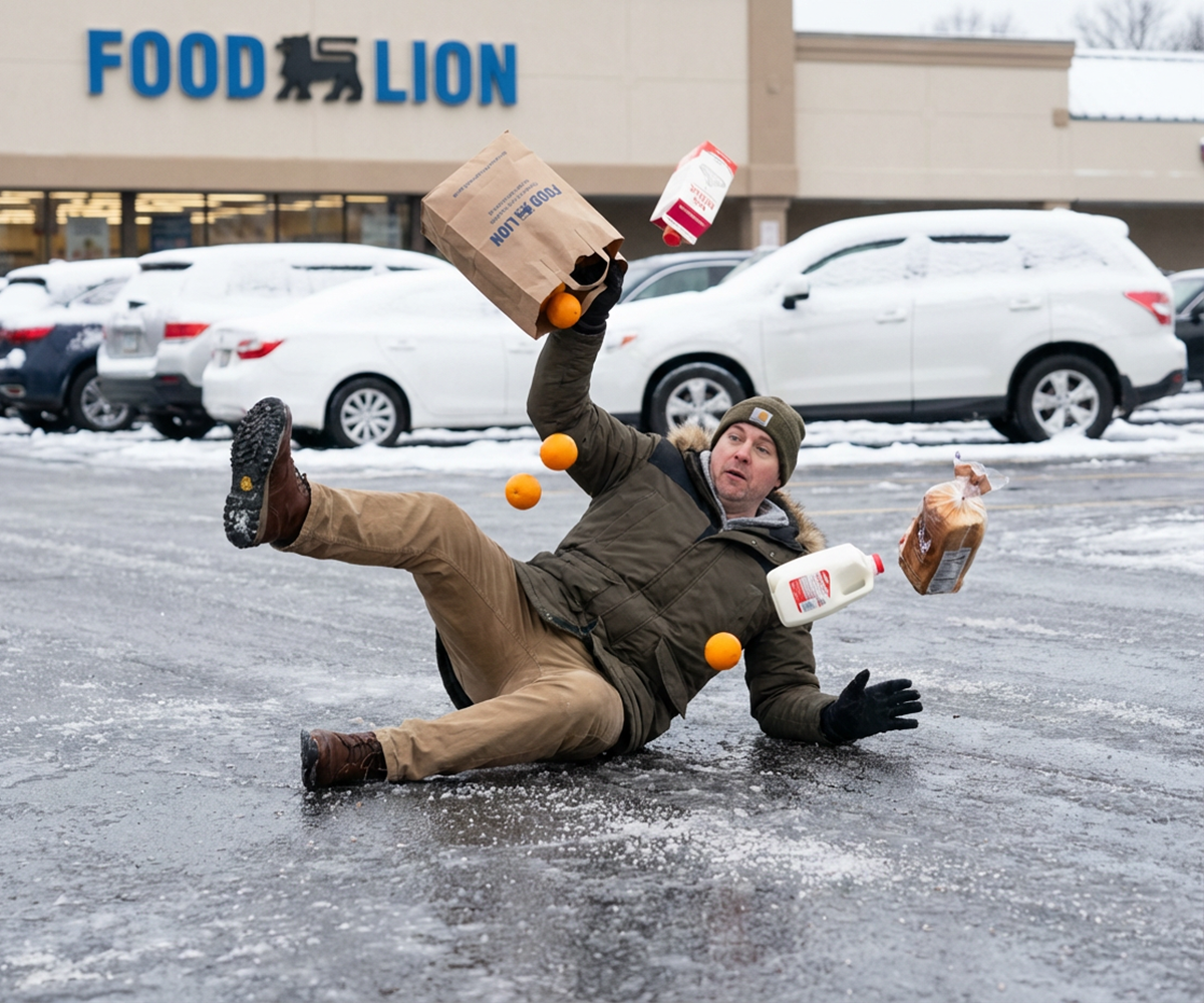 Man slips on ice outside a Food Lion, dropping groceries: oranges, milk, and bread.