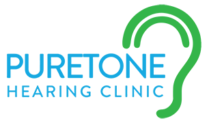 Puretone Hearing Clinic logo: blue text with green ear symbol.