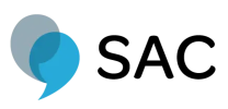 Logo with two overlapping speech bubbles, gray and blue, next to the letters SAC.