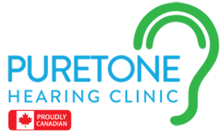 Logo for Puretone Hearing Clinic, blue text and green ear graphic, red and white 