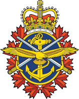 Canadian Armed Forces emblem: Gold anchor, wings, sword, and crown on blue, surrounded by red maple leaves.