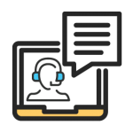 Laptop with a headset icon and a speech bubble.