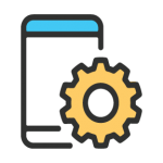 Smartphone with a yellow gear icon; blue and black outlines.