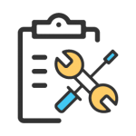 Clipboard with wrench and screwdriver icon, symbolizing repair or maintenance.