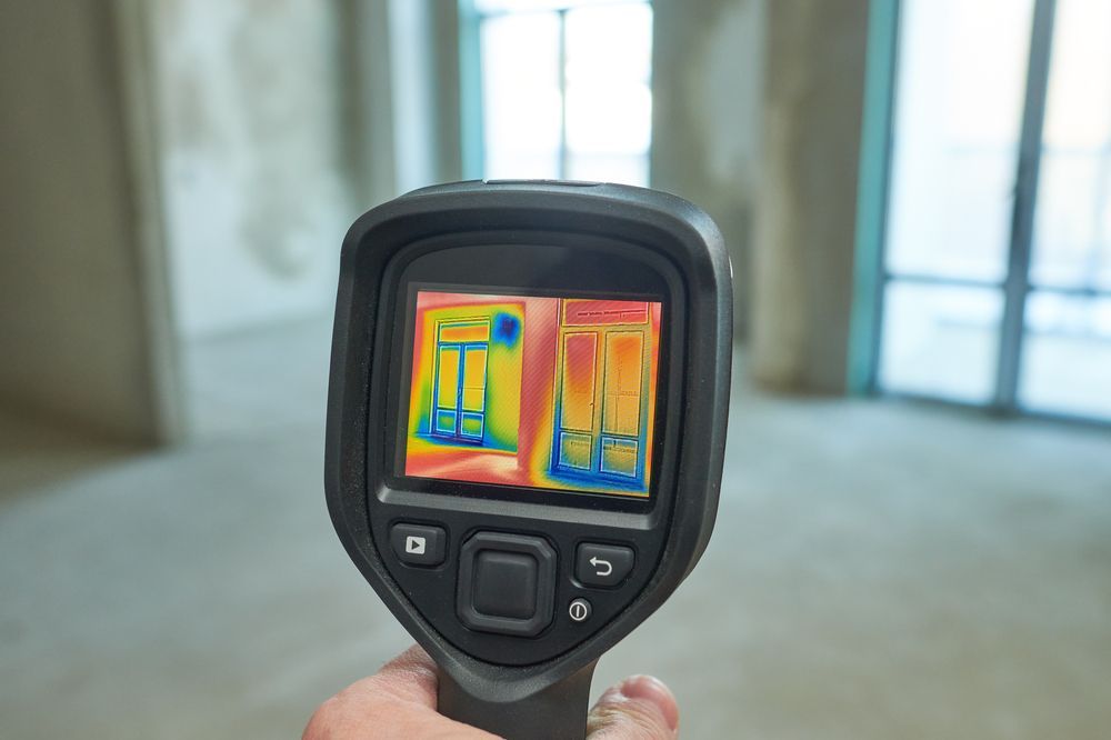 Handheld thermal camera showing colorful heat map of a room interior
