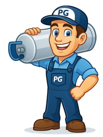 Una ilustración de dibujos animados de un hombre sosteniendo un cilindro de gas.