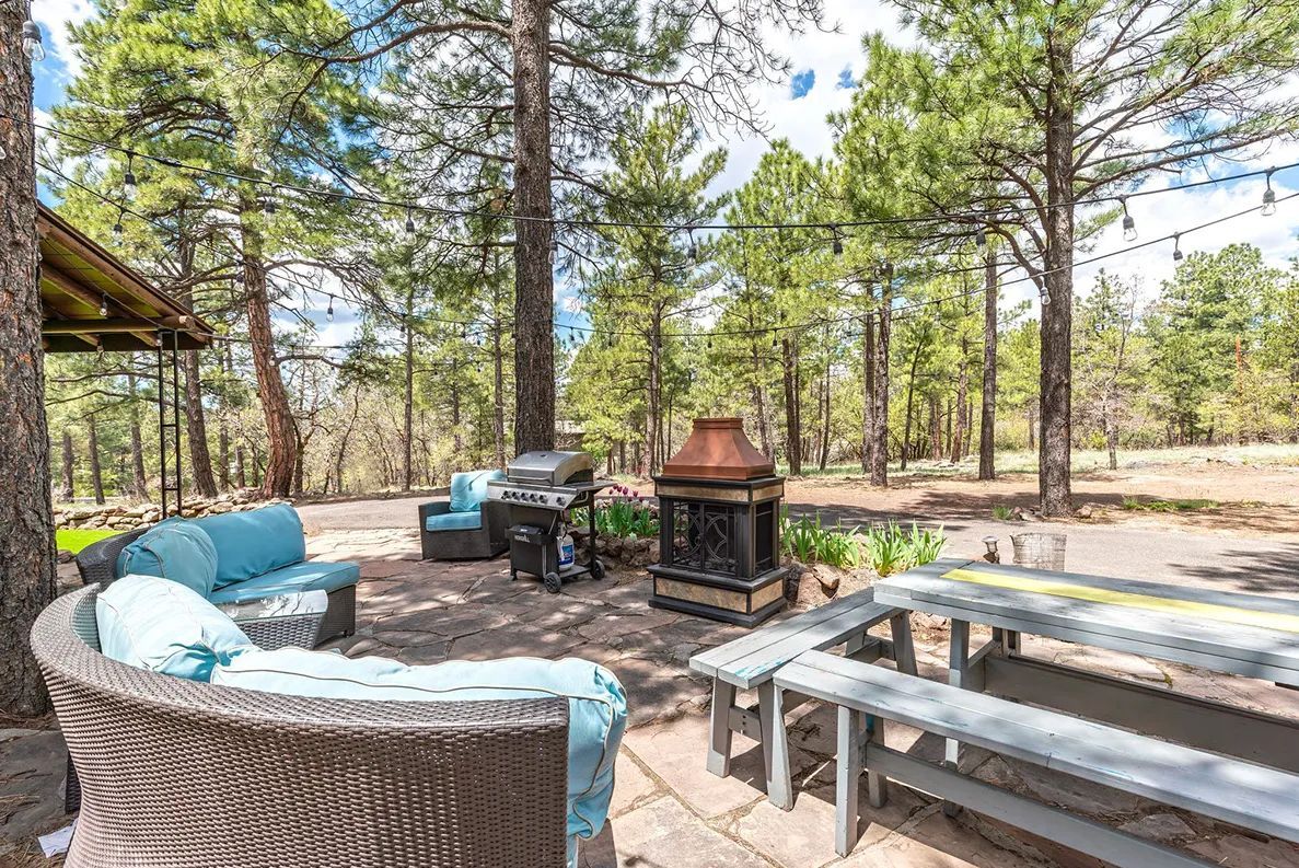 Outdoor patio with wicker furniture, grill, fireplace, and picnic table amidst pine trees.
