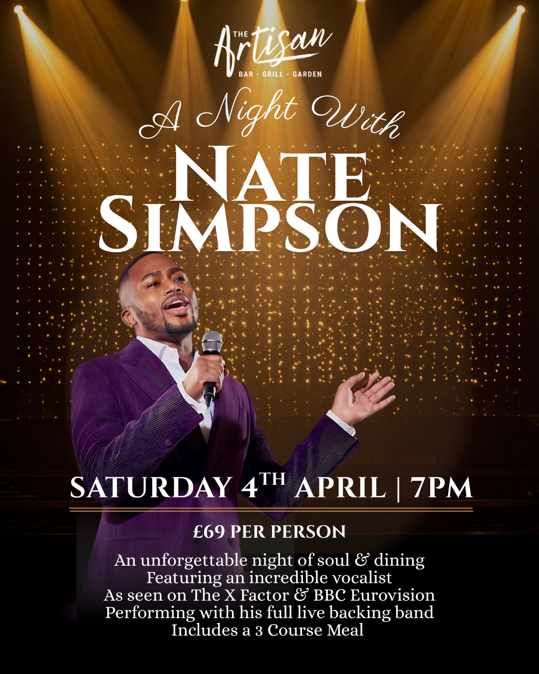 Easter event poster: Bunny winks, colorful eggs in grass,