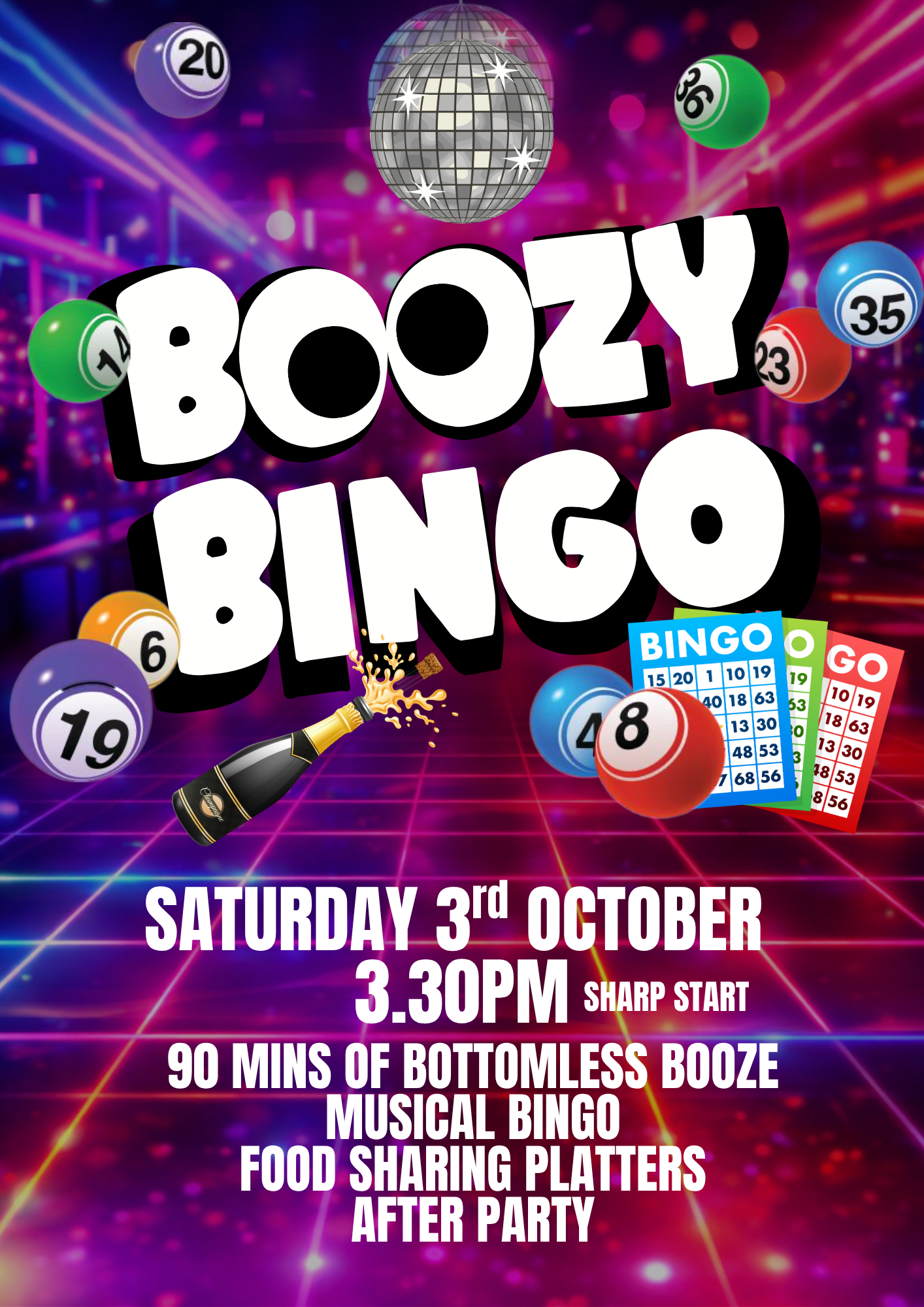 Colorful Boozy Bingo event poster with bingo balls, disco ball, and details for Saturday 3rd October