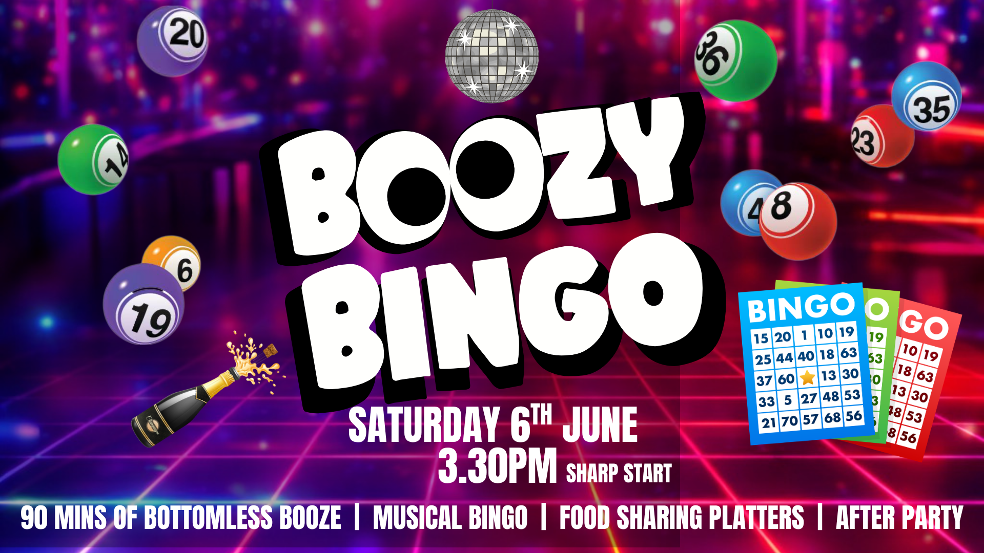 Event flyer for Boozy Bingo on Saturday, June 6th, at 3:30pm, featuring neon lights, bingo balls, and party details.