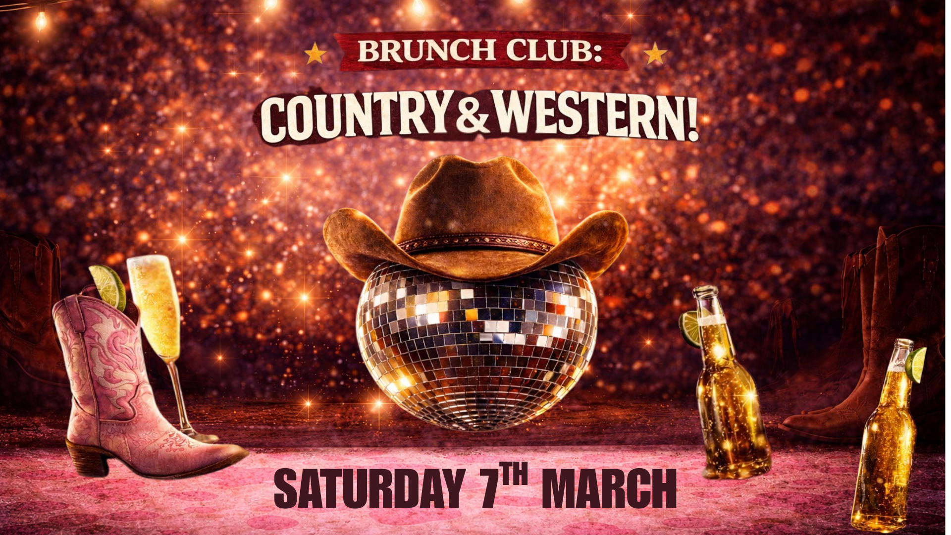 Country & Western Brunch Club poster: cowboy hat atop a disco ball, champagne, boots, and beer bottles. Saturday, 7th March.
