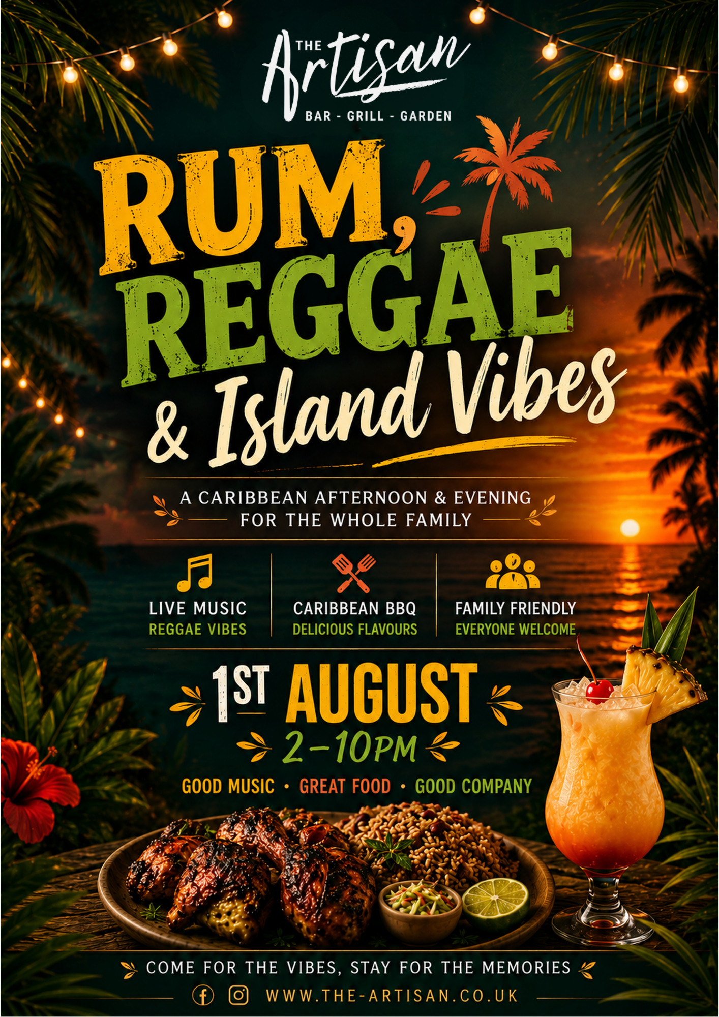 Artisan Rum, Reggae & Island Vibes event poster with live music, food, drinks, and August 1st details
