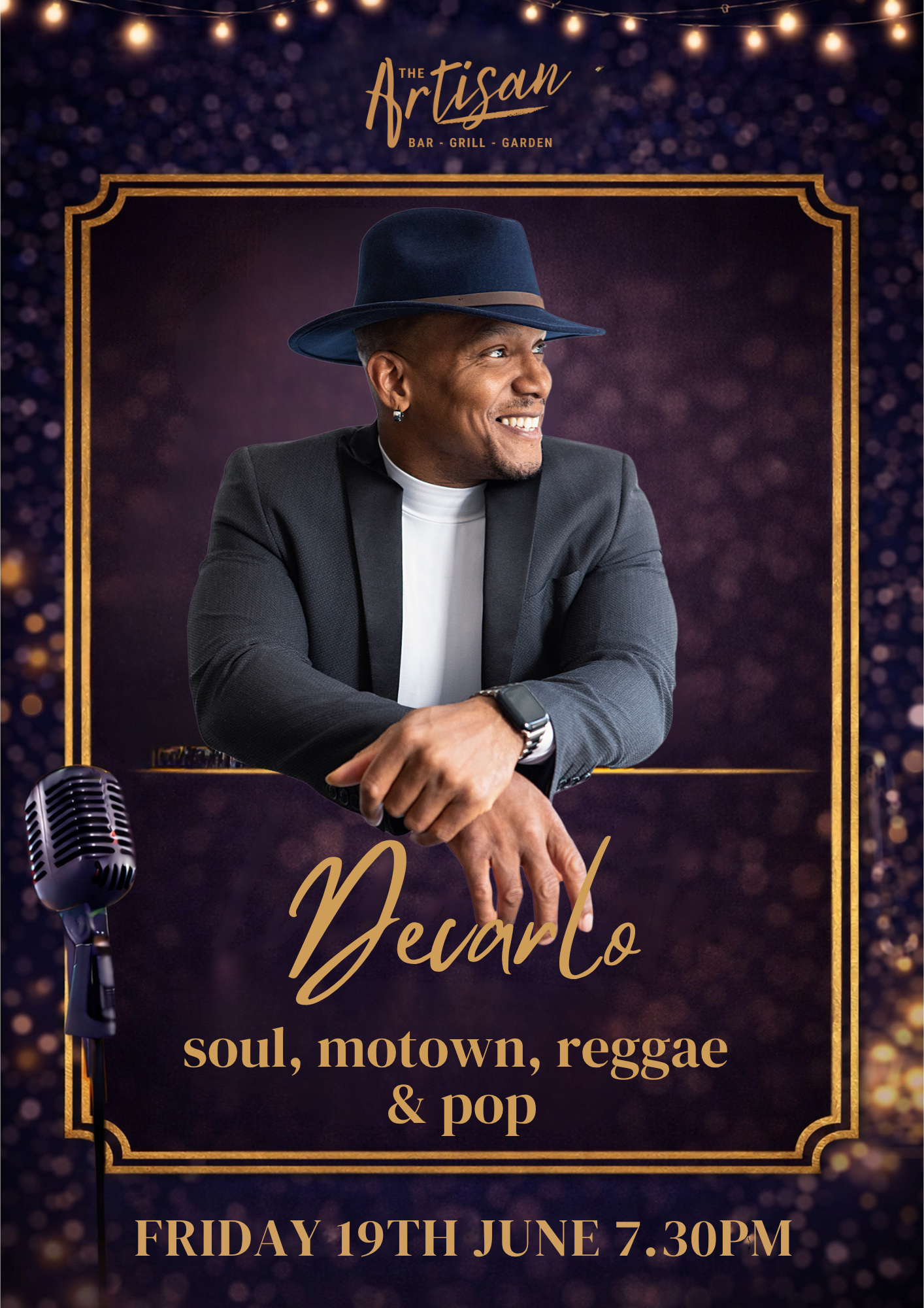 Singer in navy hat and suit on purple stage poster with microphone, “soul, motown, reggae & pop” text
