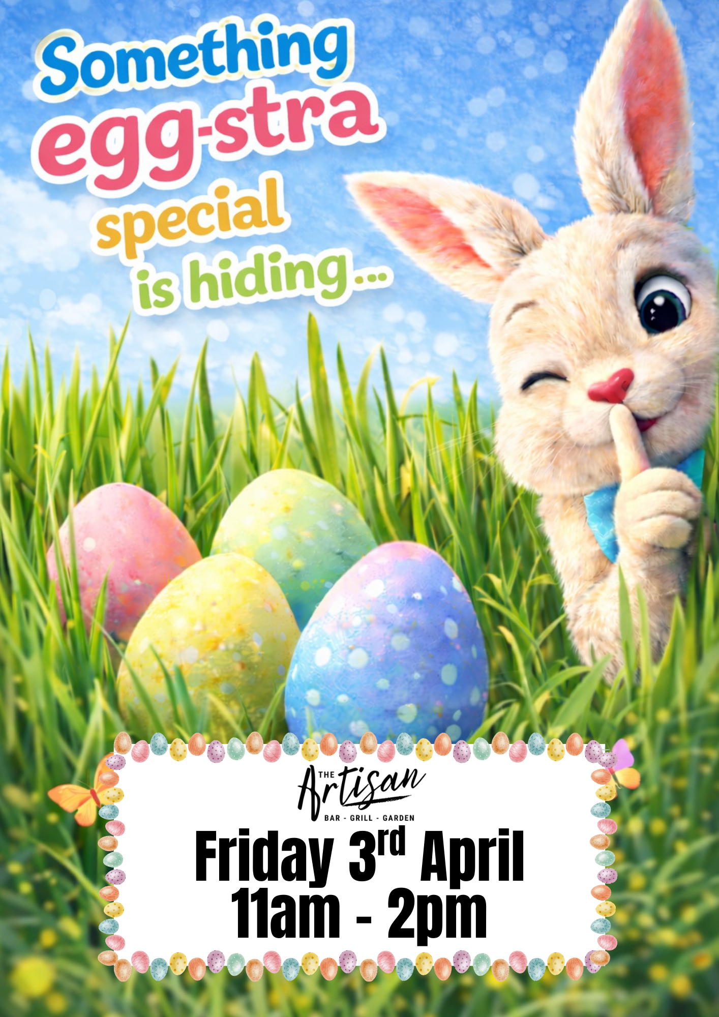 Easter event poster: Bunny winks, colorful eggs in grass, 