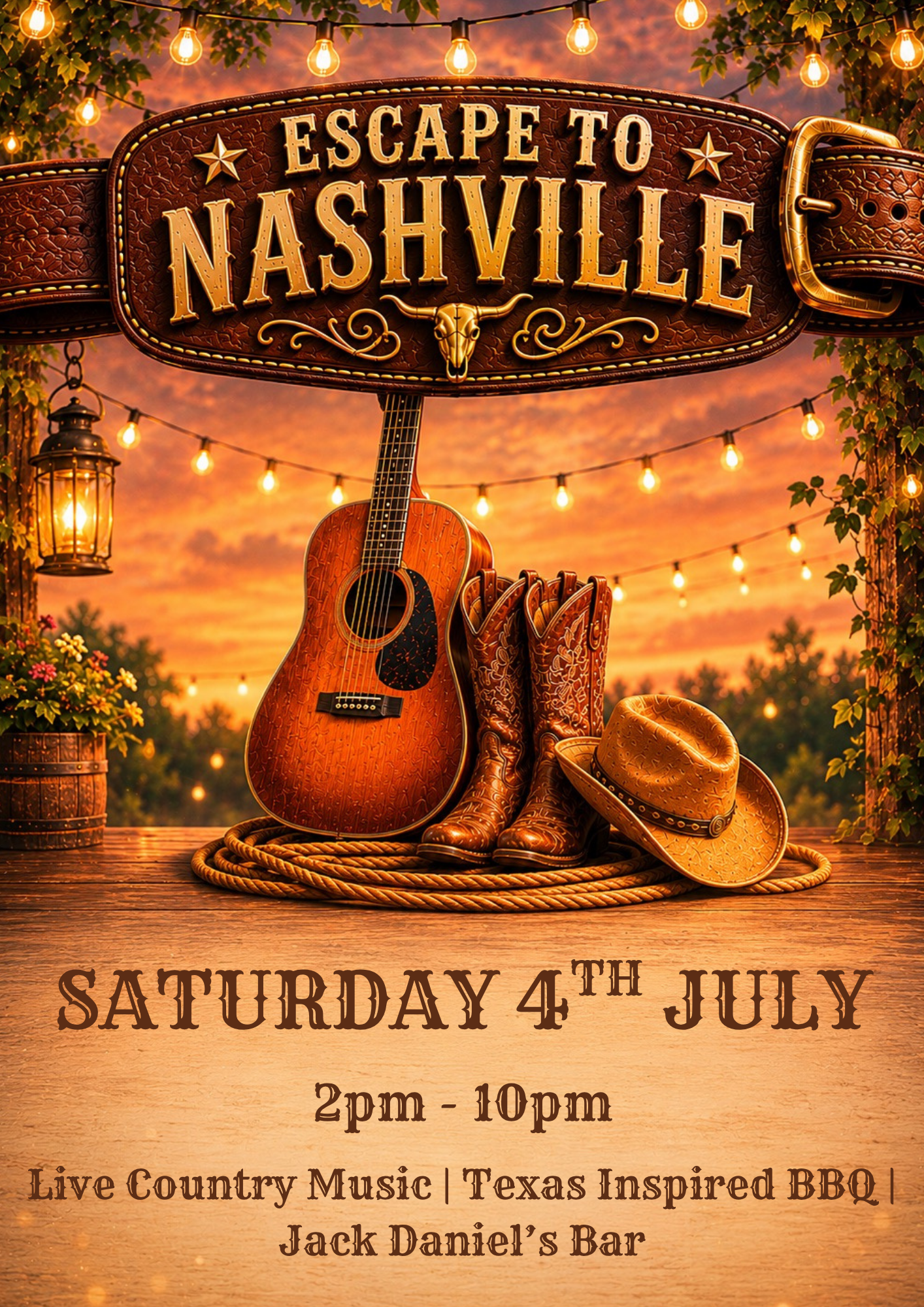Escape to Nashville poster with guitar, cowboy boots, string lights, and event details in warm sunset tones