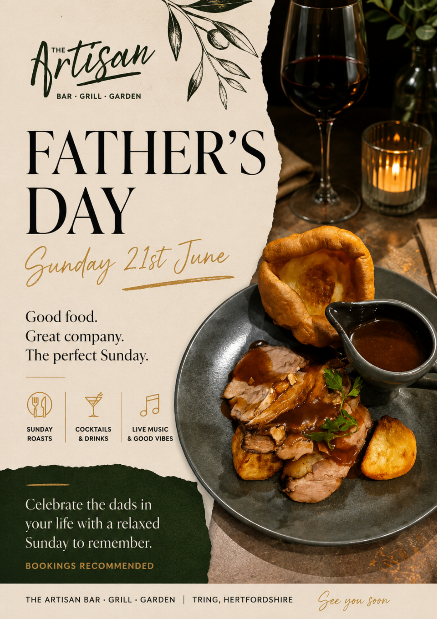 Father’s Day restaurant flyer with steak dinner, wine, candles, and rustic table setting