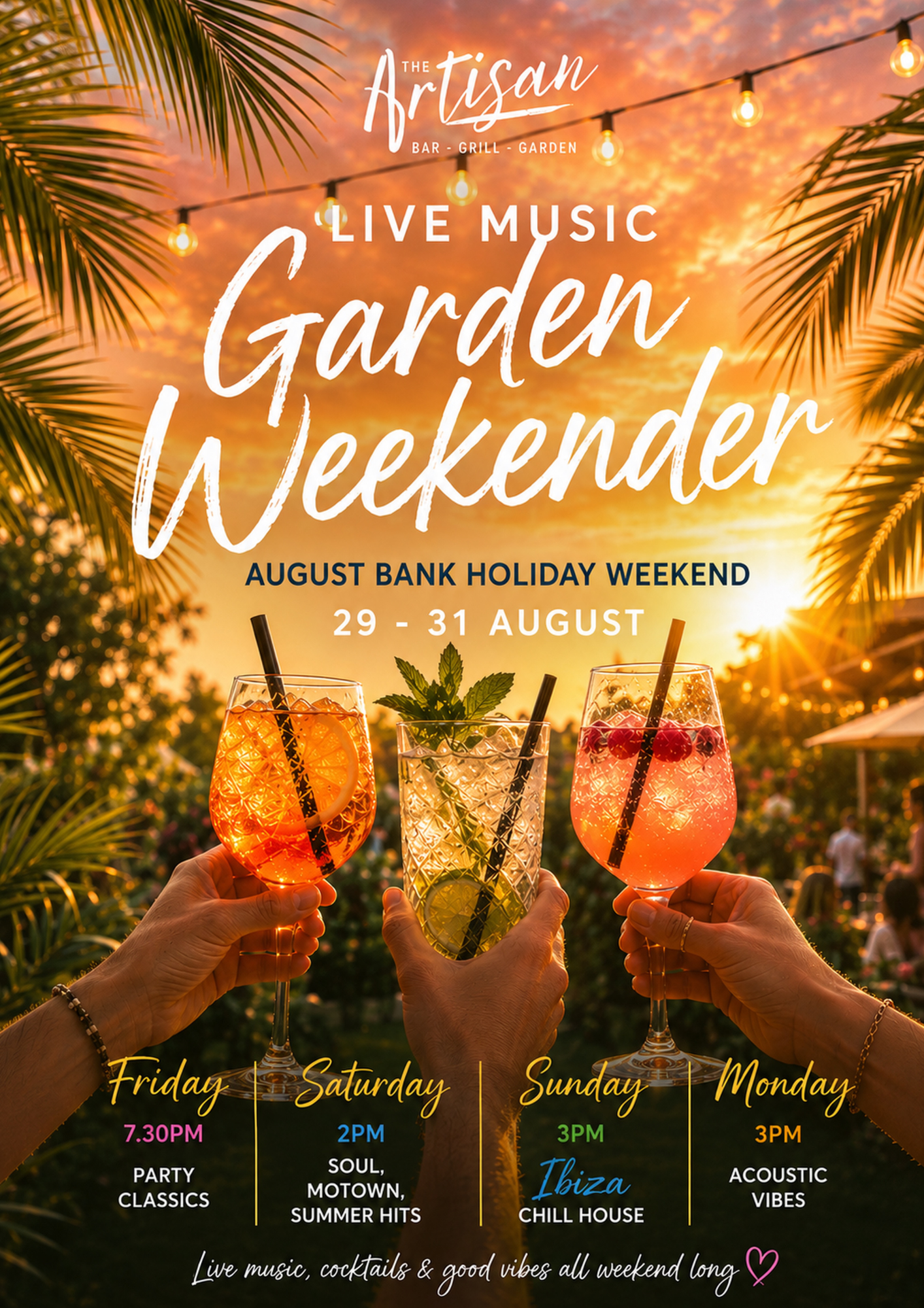 Tropical live music garden weekender poster with cocktails, string lights, and sunset palm backdrop
