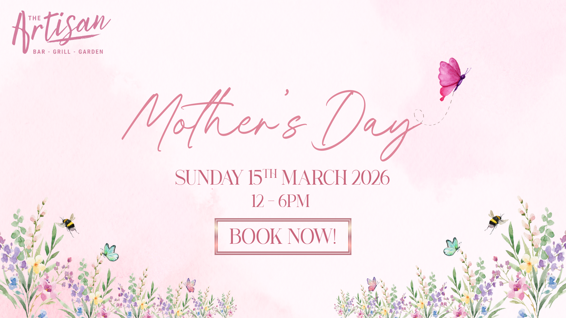 Mother's Day event poster. Pink background with floral accents, butterflies, and 