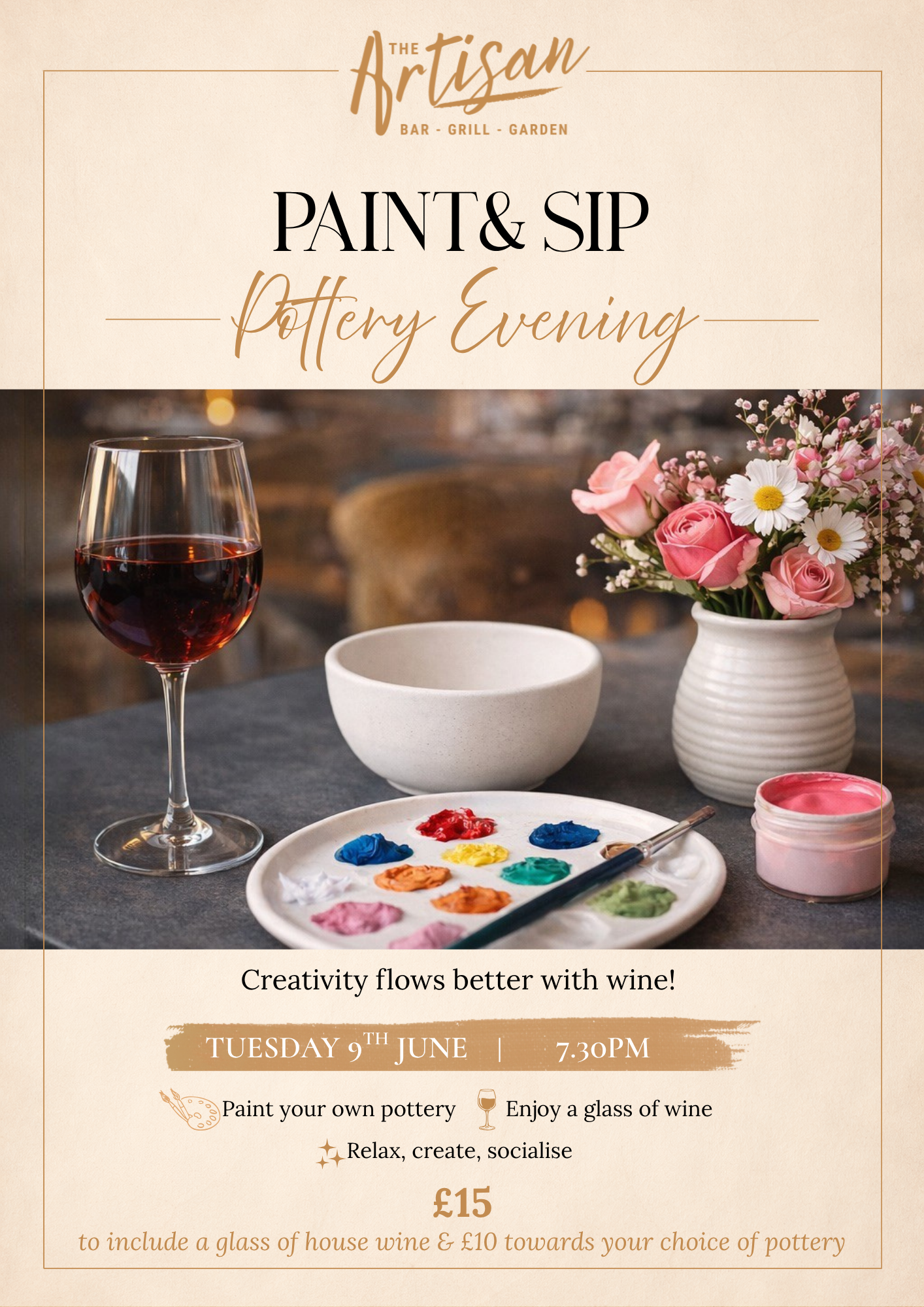Paint-and-sip event flyer with wine, blank canvas, watercolor palette, flowers, and brushes on a table