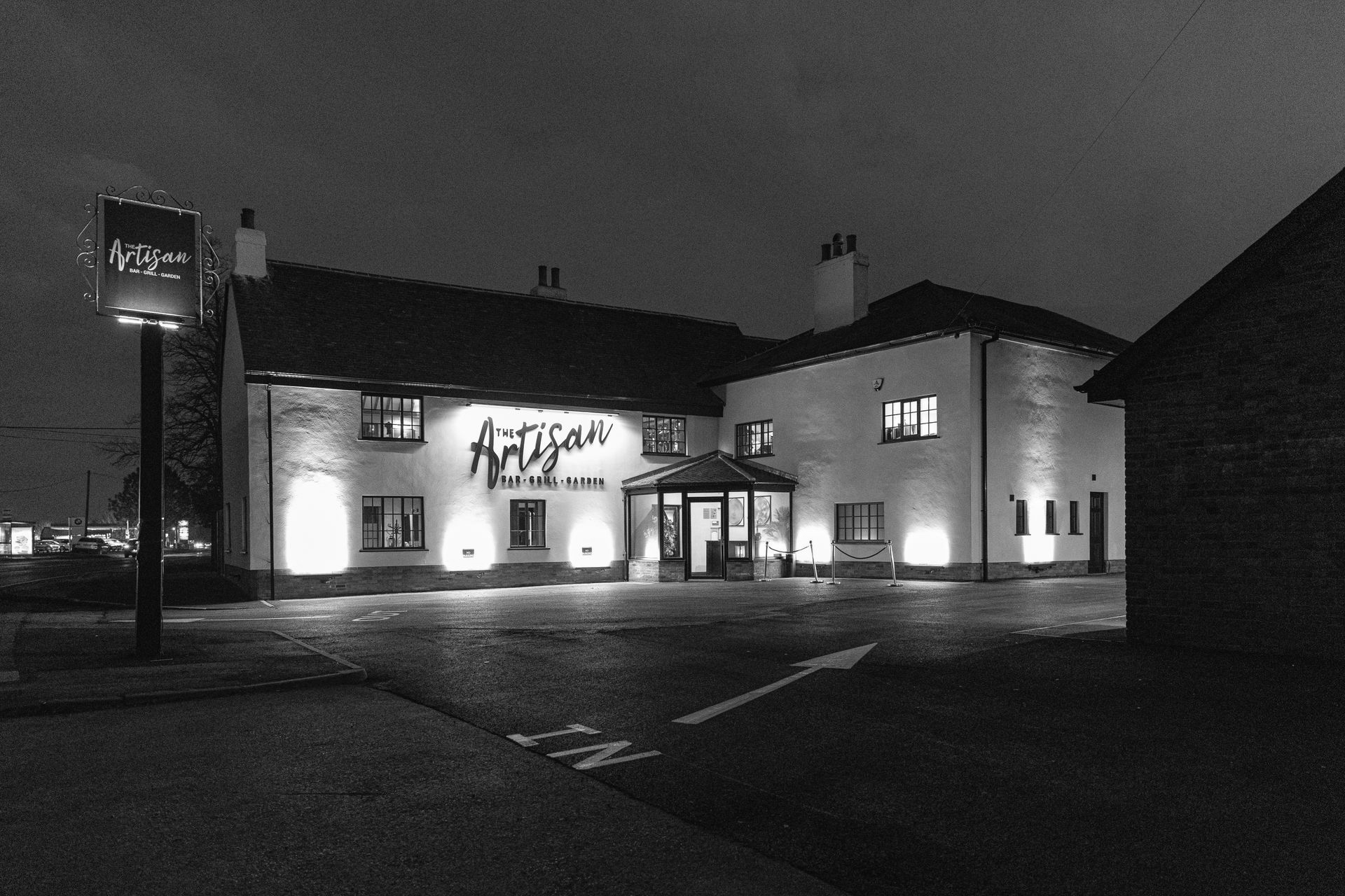 Black and white photo of a brightly lit 