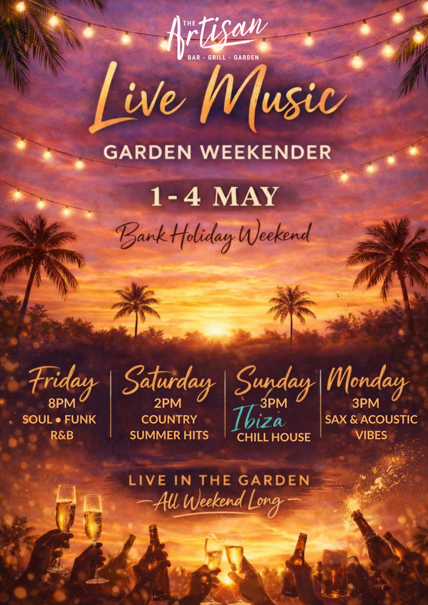 Easter event poster: Bunny winks, colorful eggs in grass,