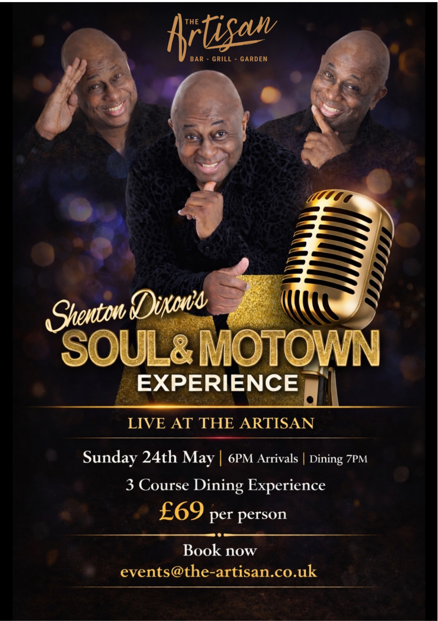 Event flyer for Shenton Dixon’s Soul & Motown Experience at The Artisan, Sunday 24th May, £69 per person.