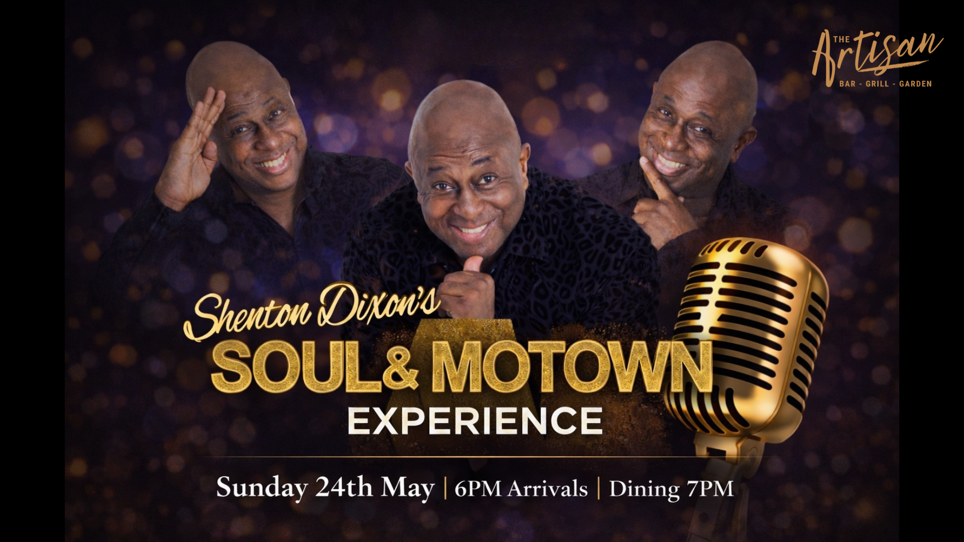 Promotional flyer for Shenton Dixon's Soul & Motown Experience on Sunday 24th May with 6PM arrivals and 7PM dining.