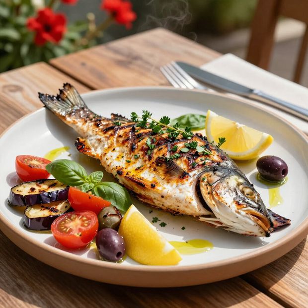 Grilled whole fish on a plate with vegetables and lemon.