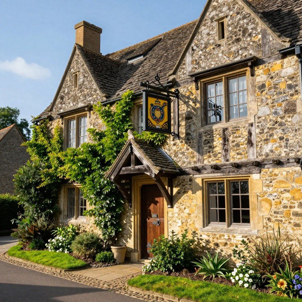 Stone building with a hanging sign, arched doorway, and windows, overgrown with green plants, sunny day.
