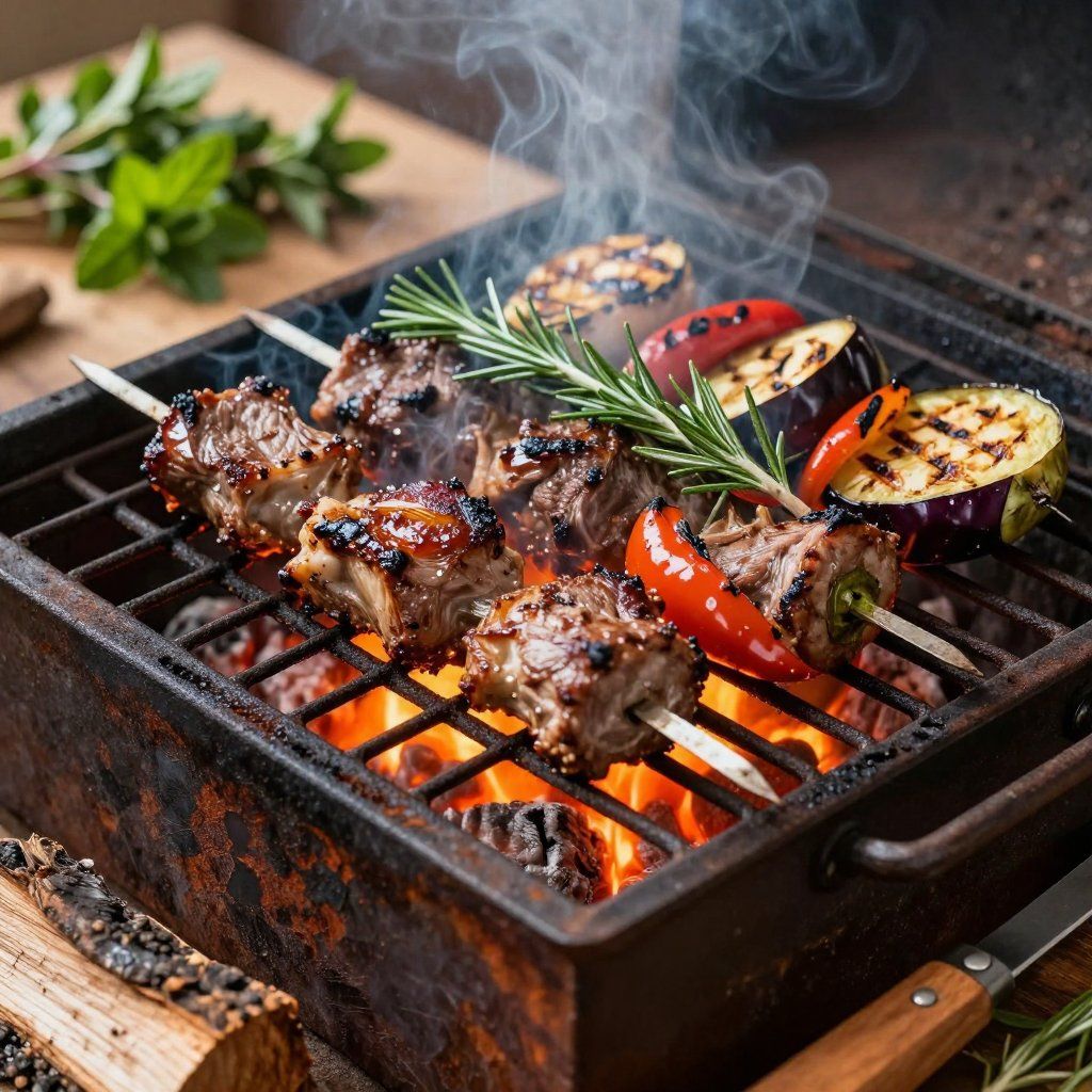 Grilled meat and vegetables on skewers over hot coals, with smoke rising.