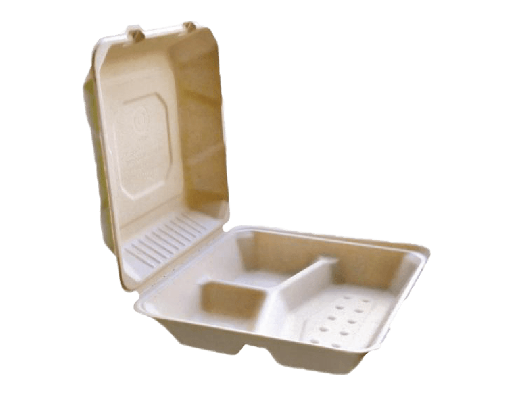 3-COMPARTMENT HARDWOOD & FIBER PULP HINGED CONTAINER