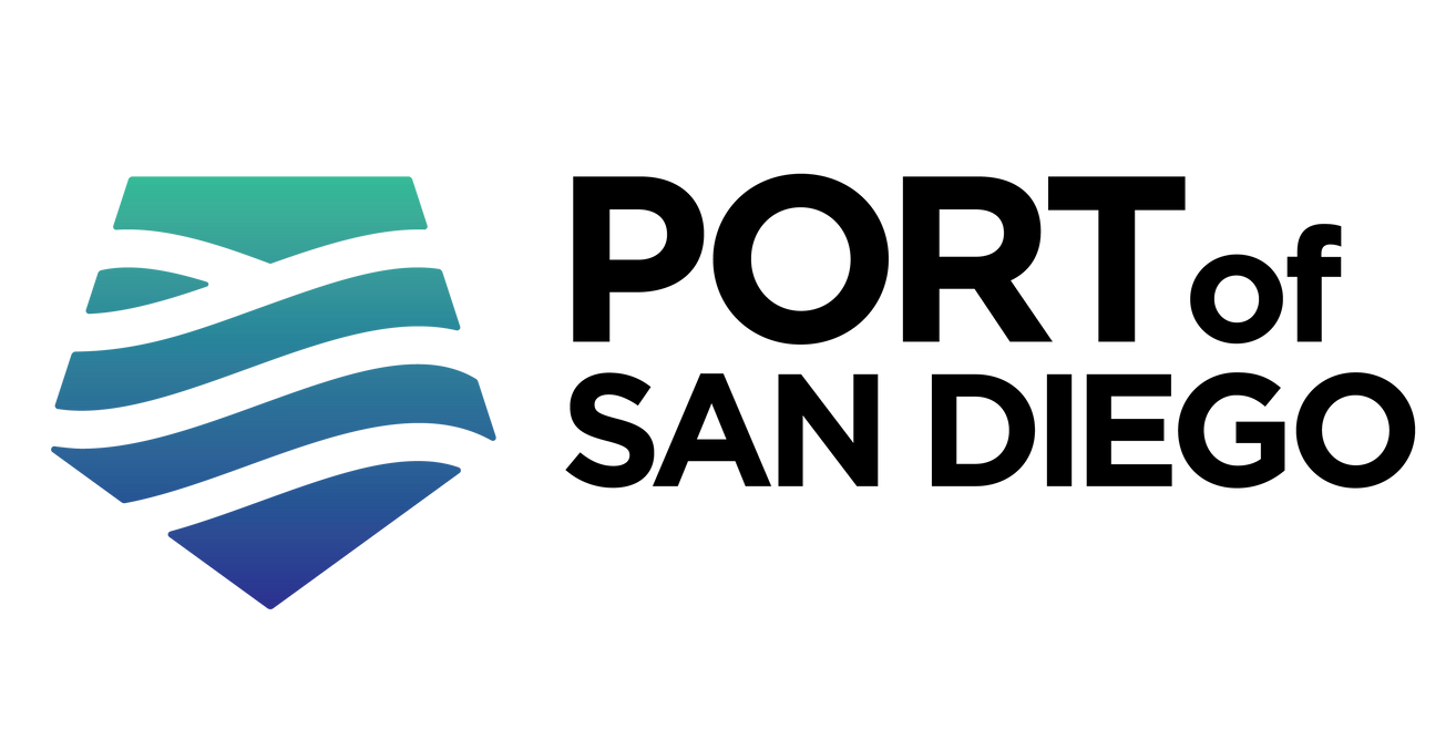 Logo of Port of San Diego: Shield with waves in blue-green gradient, text 
