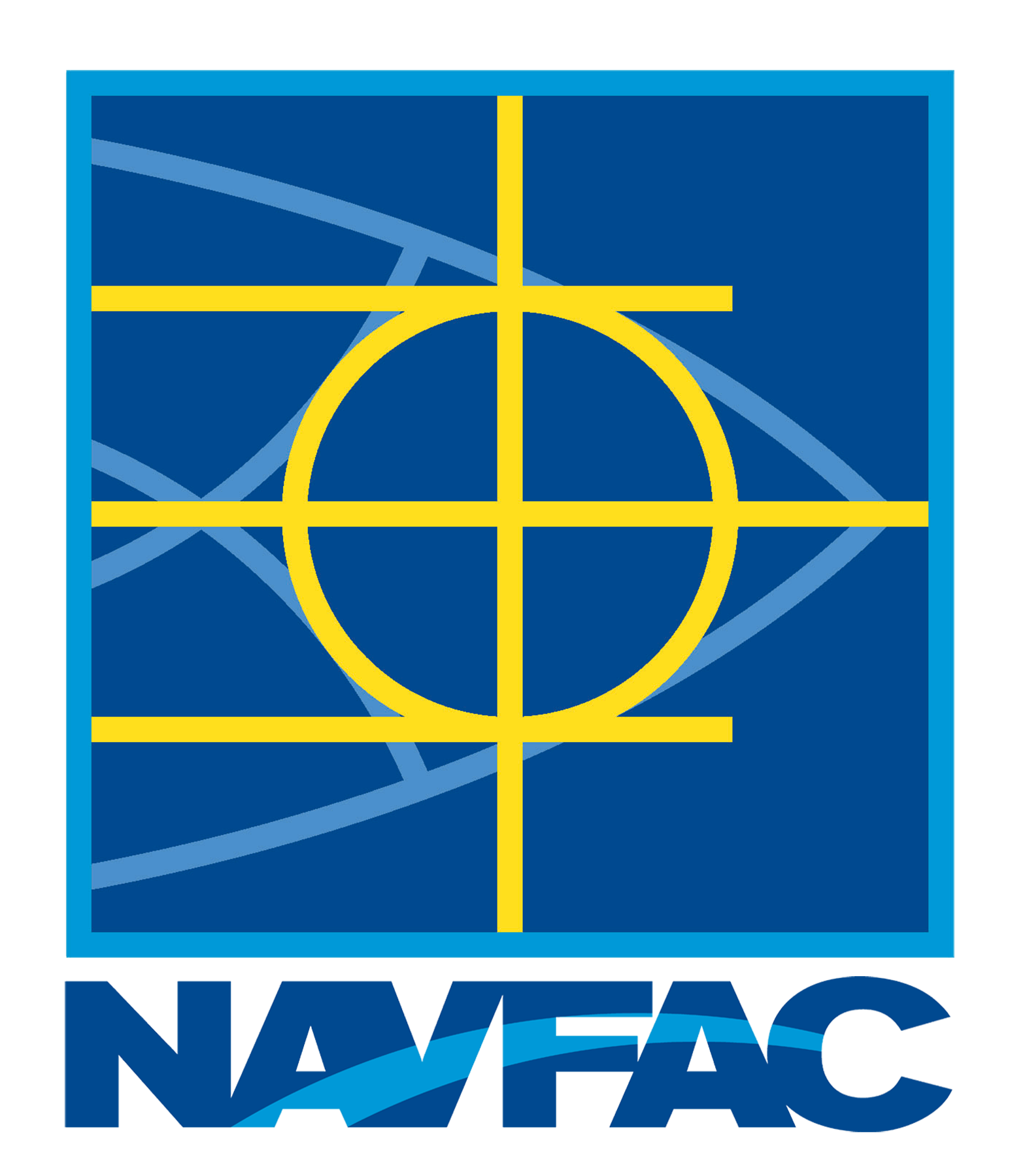 NAVYFAC logo: blue square with yellow crosshairs over a circle, with 