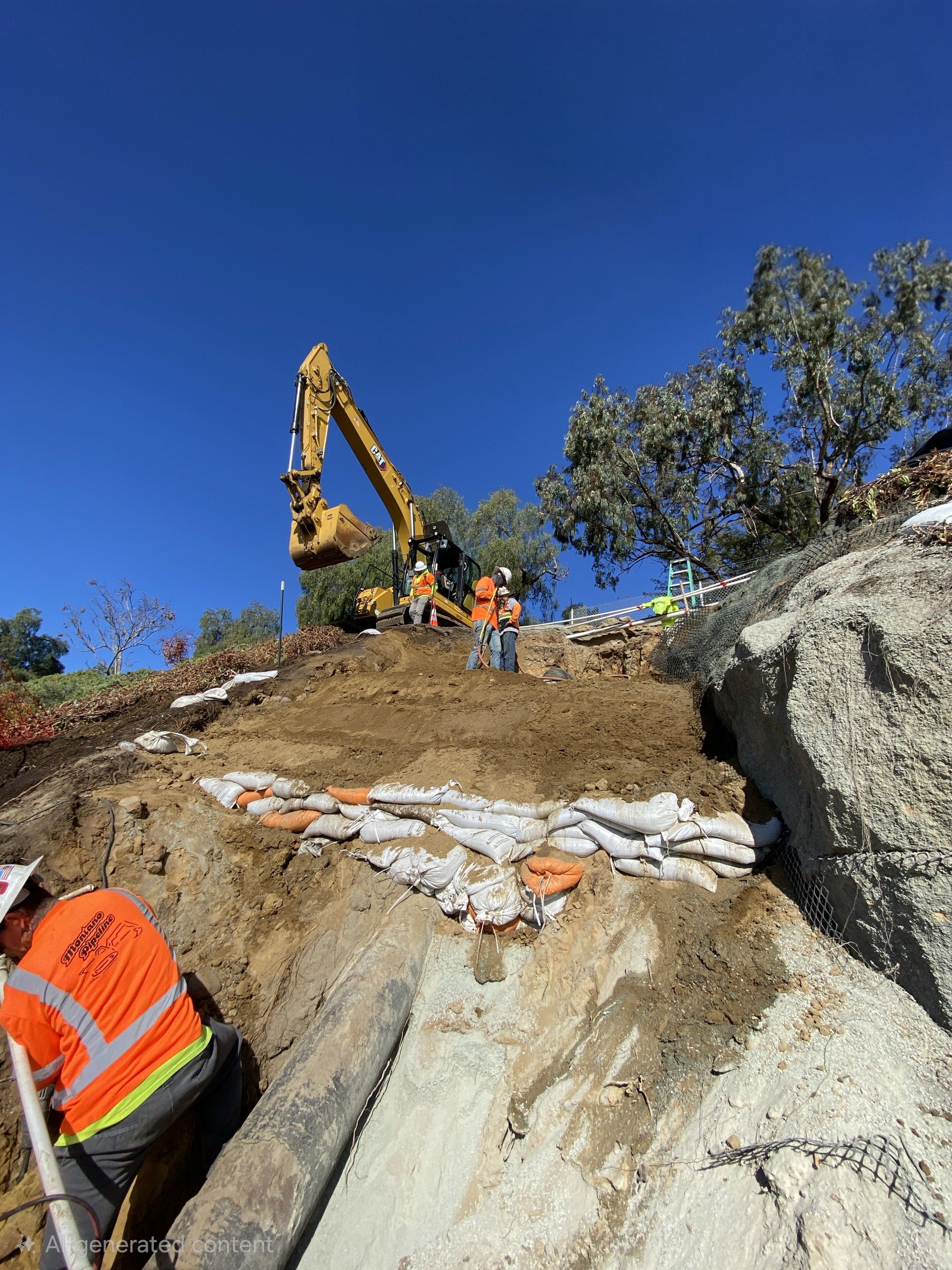 Construction workers on a hillside with an excavator and sandbags. Bright blue sky.