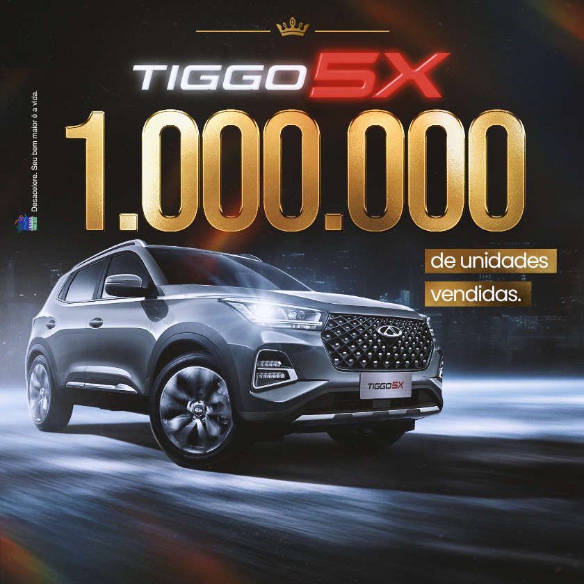 Silver Chery Tiggo 5X SUV, text: "1.000.000 de unidades vendidas". Gold numerals, dark background.