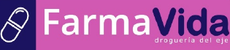 Logotipo de FarmaVida, una farmacia. Presenta un icono de cápsula y texto sobre un fondo rosa.