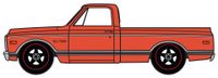 A drawing of an orange truck with black wheels on a blue background.